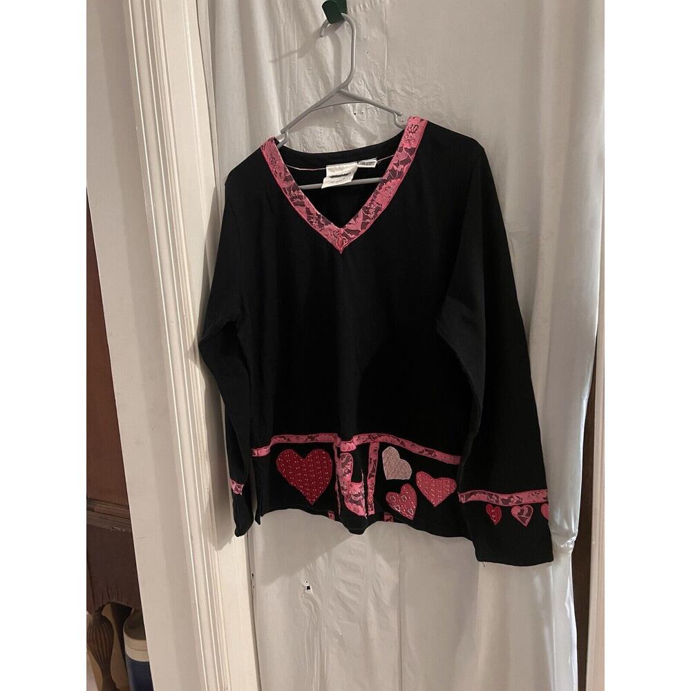 Michael Simon Black Pink Heart Beaded Appliqué Lace Trimmed Top Size L Vintage